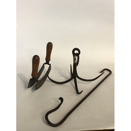 419 - Various Vintage Ironware To Include A Dual Handled Chopper, Grappling Hook, Chimney Crook