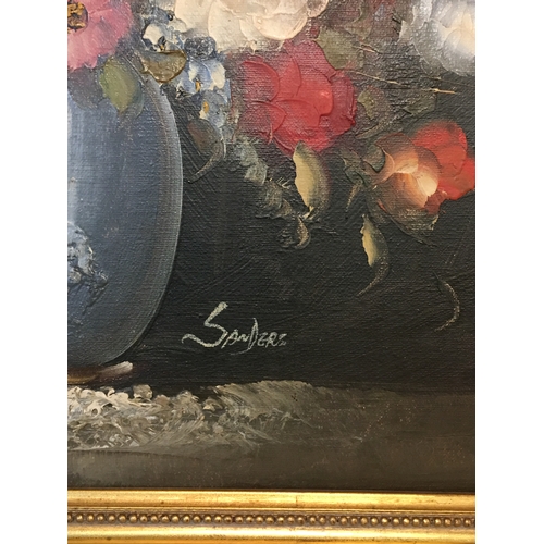 374 - Acrylic On Canves Still Life Of Flowers Signed Sanders 50x60 cms