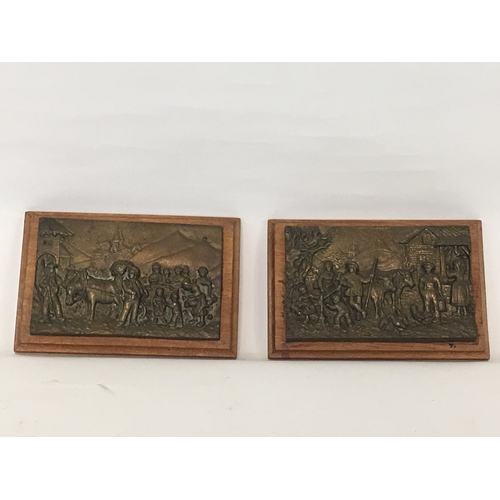 240 - 2 Bronze  Plaques On Wood Measures 19x13cm