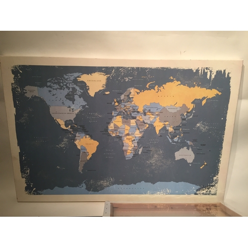 94 - Signed Canvas Of Elephants Along With A New Blank Canvas And A World Map Printed Canvas