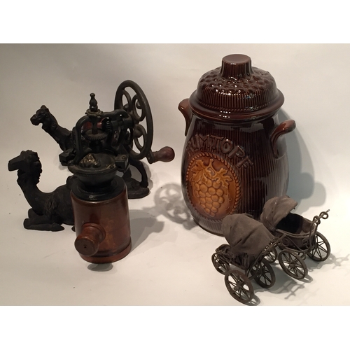 215 - Box Of Interesting Items To Include A German Rumtoph Lidded Jar A Pair Of Camel Ornaments , Grinder ... 