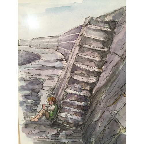 384 - signed watercolour Of Lyme Regis 39cm x 30cm