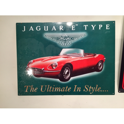 309 - Two metal signs one harley parking only and jaguar E type sign both measuring 30cm x 40cm