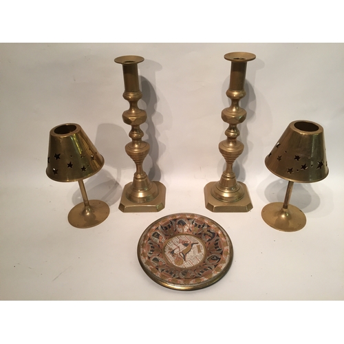 317 - 2 x Pairs Of  brass candle sticks and brass plate