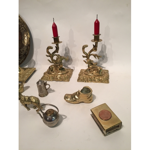 347 - Various brass items to include brass candlesticks , animals , plate etc