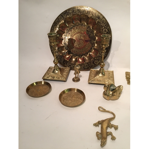 347 - Various brass items to include brass candlesticks , animals , plate etc