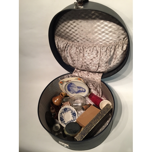 344 - Vintage hat box with contents to include plates silver plate shaker etc