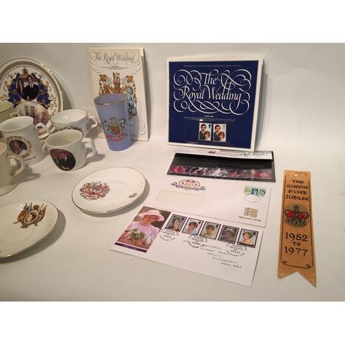 409 - Collection of commemorative plates , cups stamps etc