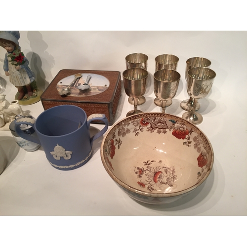 410 - Various items to include wedgewood cup , vintage box , metal cups etc