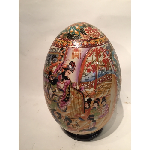 265 - Large Hand Painted Satsuma Egg On Stand 33cm