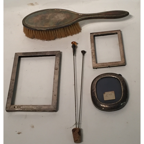 121 - Various silver items to include Scottish hat pins , Dressing Table Brush photo frames