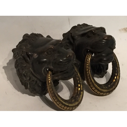 430 - Pair of good quality antique bronze lion head door knockers Or Possibly furniture Adornments  10cm x... 