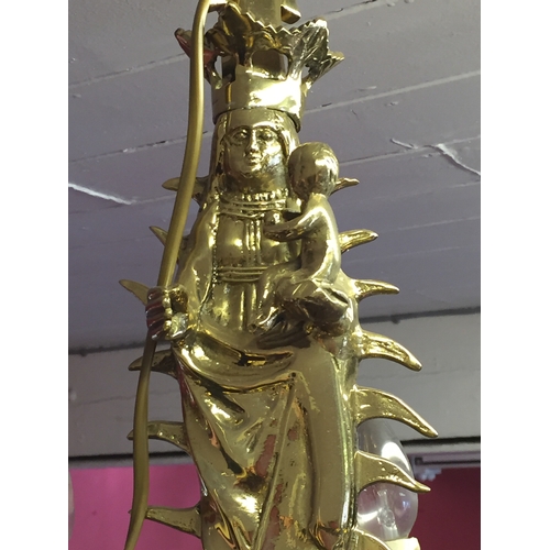99 - Solid brass 6 branch chandelier in the form of mandona and child religous interest 52cm drop