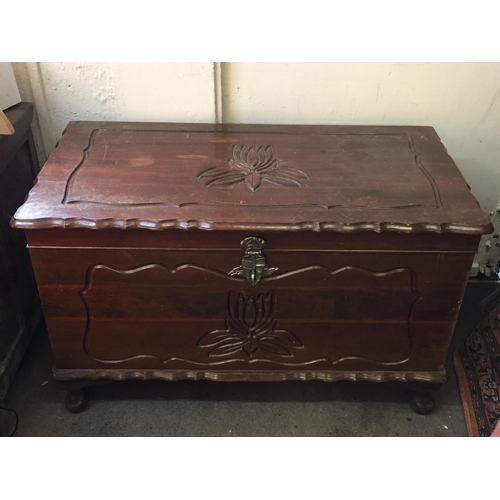 63 - Vintage Carved  Wood Trunk  Or Blanket Box 105cm x 65cm x 54cm