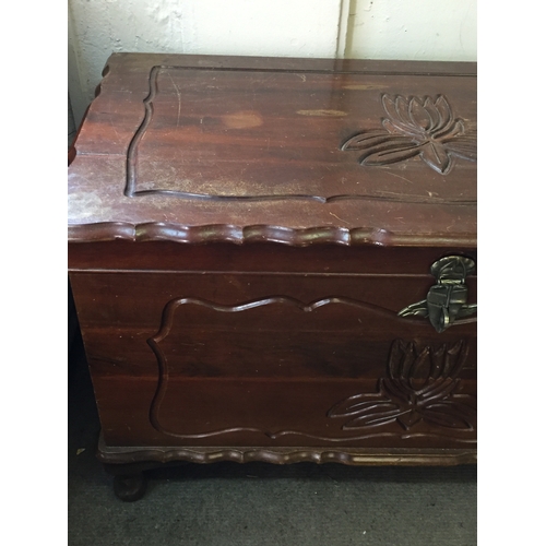 63 - Vintage Carved  Wood Trunk  Or Blanket Box 105cm x 65cm x 54cm