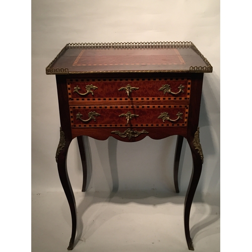 65 - Inlaid 2 Drawer Side Table With Brass Decoration.