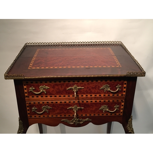 65 - Inlaid 2 Drawer Side Table With Brass Decoration.