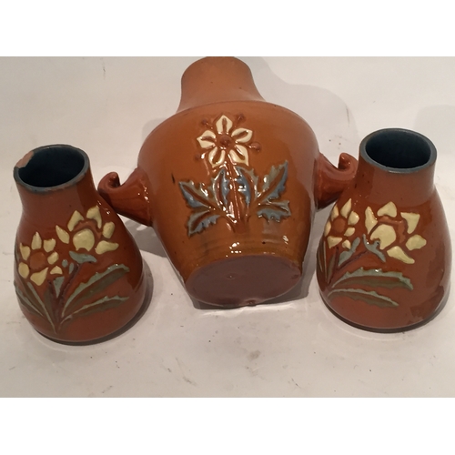 452 - 3 Pieces Of 19th Century Studio Pottery By Lauder And Smith . A Pair Of Small Vases 10cms High (one ... 