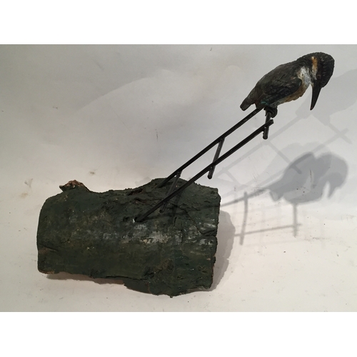 454 - Cold painted bronze model of a kingfisher on a perch, Note Perch Is A Later Addition