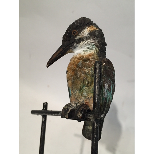 454 - Cold painted bronze model of a kingfisher on a perch, Note Perch Is A Later Addition