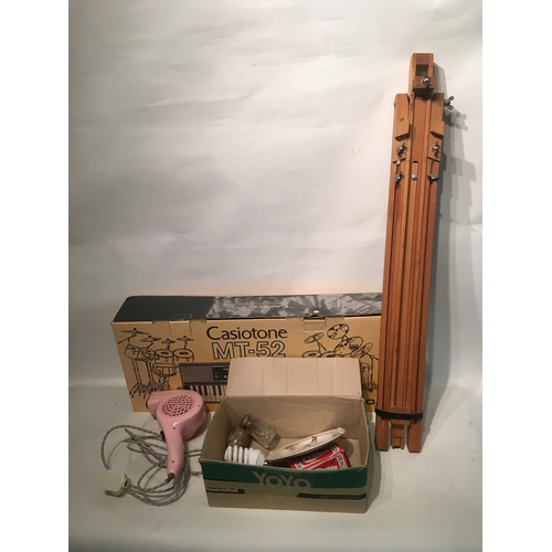 476 - Various Items to include casio keyboard , vintage hair dryer , light bulbs and artist Easel