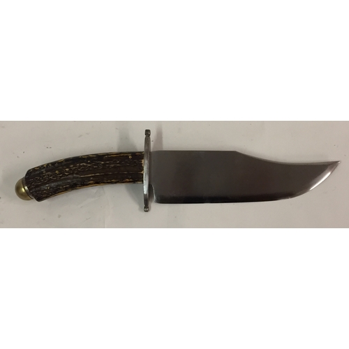 103 - Vintage Horn Handle Bowie knife Markings To Blade 33cm along with protective carry case