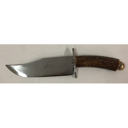 103 - Vintage Horn Handle Bowie knife Markings To Blade 33cm along with protective carry case