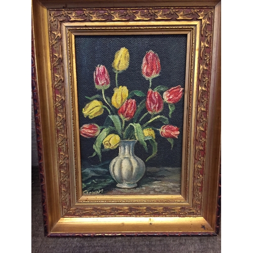 70 - Signed oil on board still life of flowers 28cm x 34cm along with one other