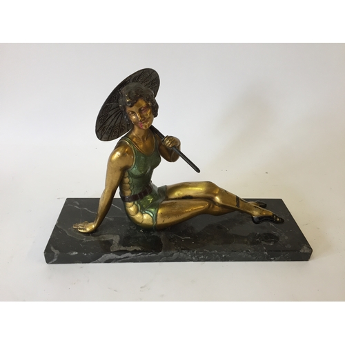 116 - Coloured Metal Art Deco Umbrellered Lady  on Marble base 20cm x 30cm