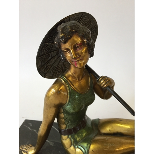 116 - Coloured Metal Art Deco Umbrellered Lady  on Marble base 20cm x 30cm