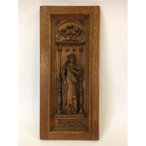 111 - Antique Wood Carved Panel With Wood Carved Religious Lady  27cm x 59cm