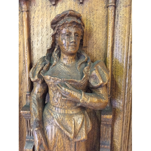 111 - Antique Wood Carved Panel With Wood Carved Religious Lady  27cm x 59cm