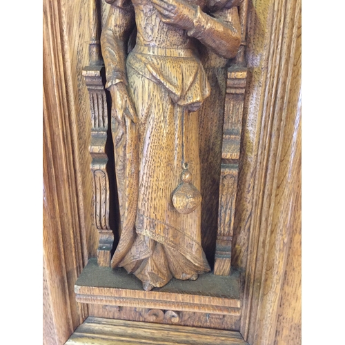 111 - Antique Wood Carved Panel With Wood Carved Religious Lady  27cm x 59cm