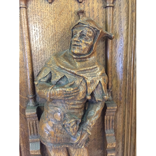 110 - Antique Wood Carved Panel With Wood Carved Jester 27cm x 59cm