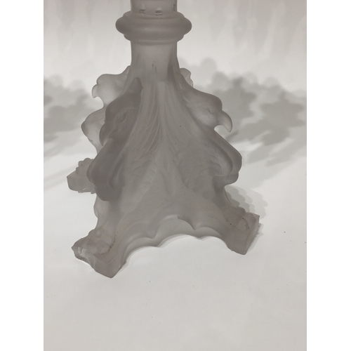 160 - Pair of frosted glass candle stick holders 29.5cm tall