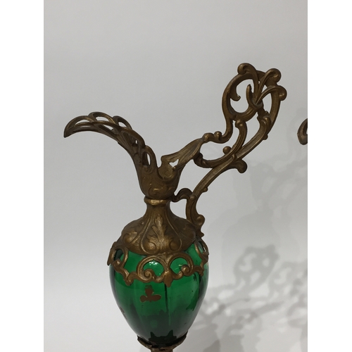 133 - Green Glass And Bronze ewer x2 38cm tall