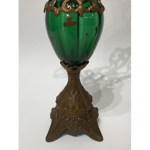 133 - Green Glass And Bronze ewer x2 38cm tall