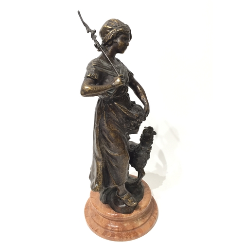 142 - Signed Bronze Shepherdess Statue 48cm tall on marble base