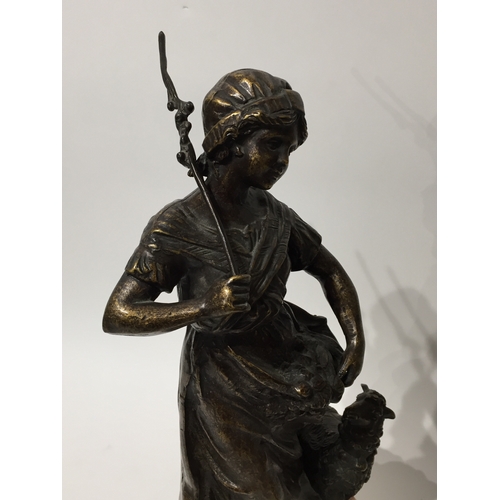 142 - Signed Bronze Shepherdess Statue 48cm tall on marble base