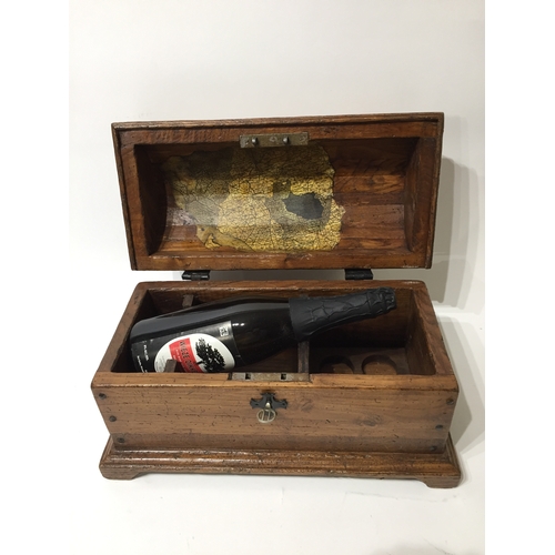 183 - Wooden domed chest wine holder And Contents 20cm x 42cm x 24cm