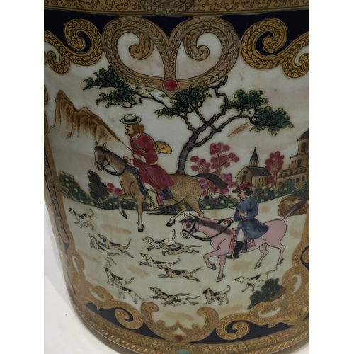 247 - Good quality Hand Painted  planter With Hunting Scene  38cm tall 39cm diameter