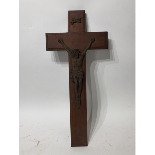 356 - Metal corpus christi on wooden cross 62cm long