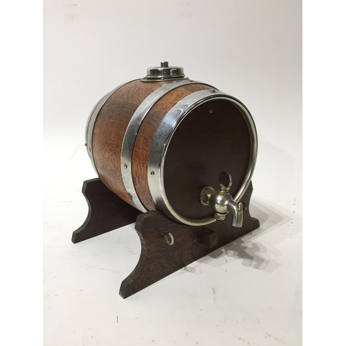 365 - Miniature Metal Bound Wood Wine Barrel on stand 20cm tall