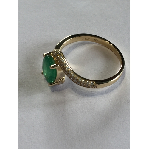 280 - 14 ct Yellow Gold Diamond And Emerald Ring , With One Oval Cut Emerald With 64 Round Brilliant Cut N... 