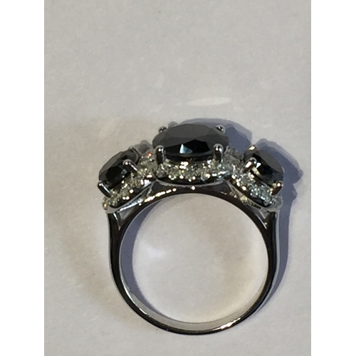 287 - 14 ct White Gold Black Diamond Trilogy Ring With 3 Black Round Brilliant Cut Diamonds 3.45 ct Total ... 