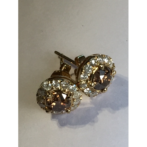 290 - 14 Ct Yellow Gold Diamond Earrings .Two Fancy Brown Diamonds Along With 28 Round Brilliant Cut Diamo... 