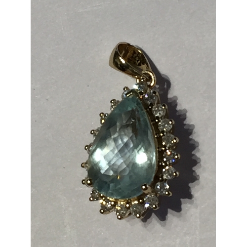 304 - 14 Ct Yellow Gold Aquamarine Drop Pendant Featuring One Pear Checkerboard Cut  Aquamarine 4.52ct Alo... 