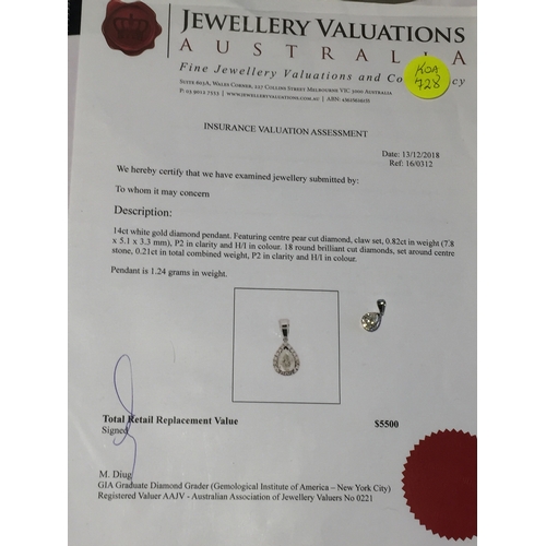 305 - 14Ct White Gold Diamond Pendant .Featuring One Pear Cut Diamond Along With 18 Round Brilliant Cut Di... 