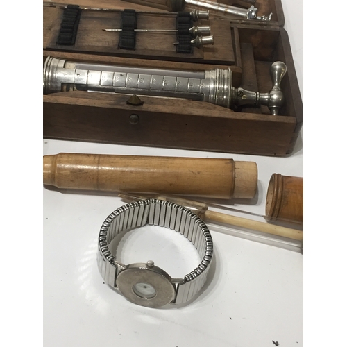 398 - Small Group Of Vintage Medical Syringes Along With A Watch.