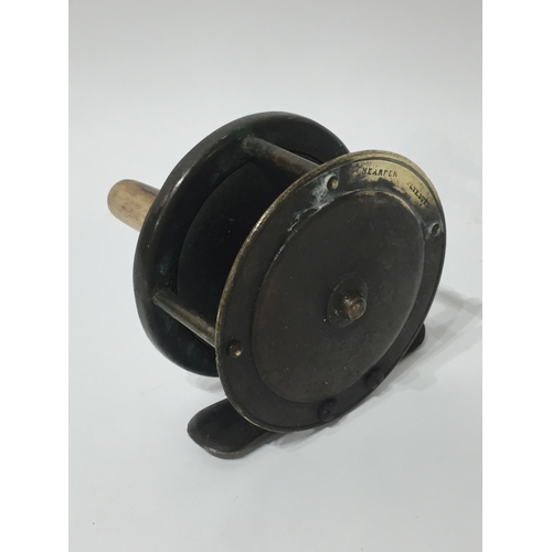 180 - Vintage brass center pin fishing reel with bone handle made by harten plymouth 21/4 inch drum